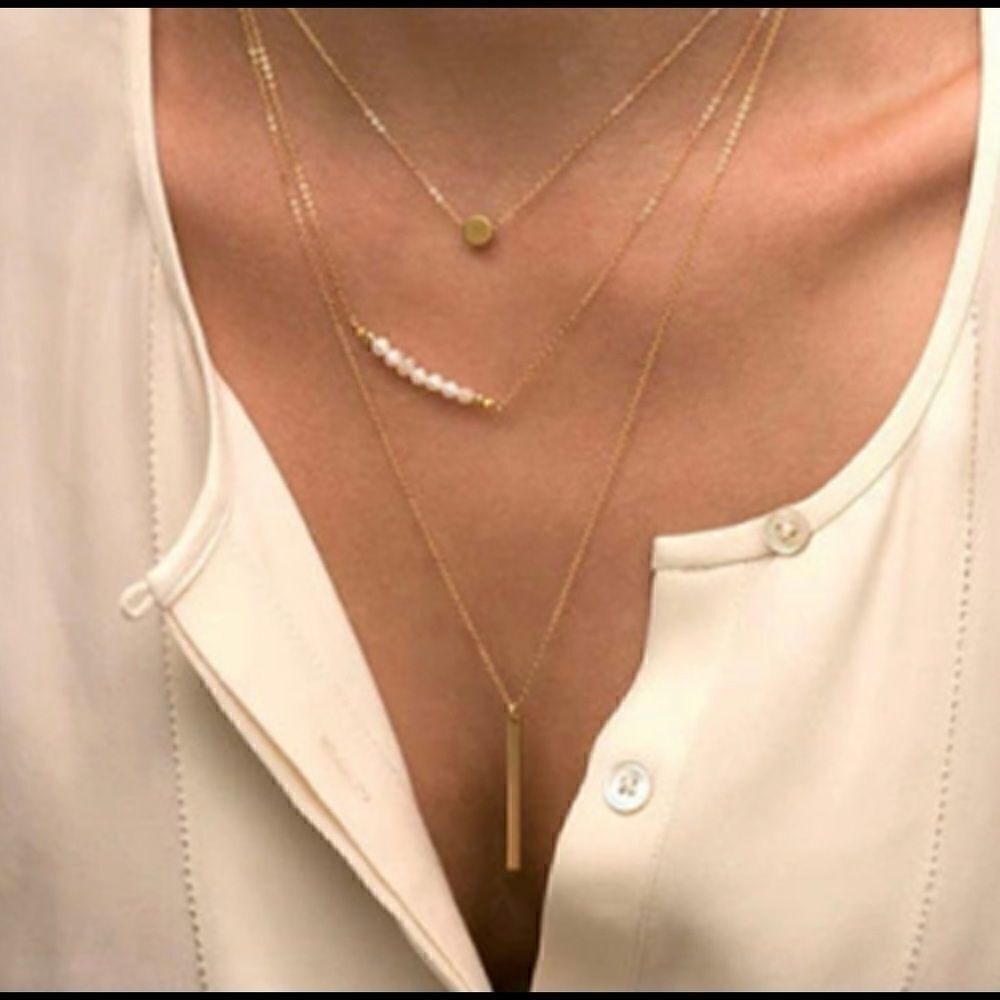 GoldāToneāTripleĀ LayerāPearlāBarāDotāNecklace